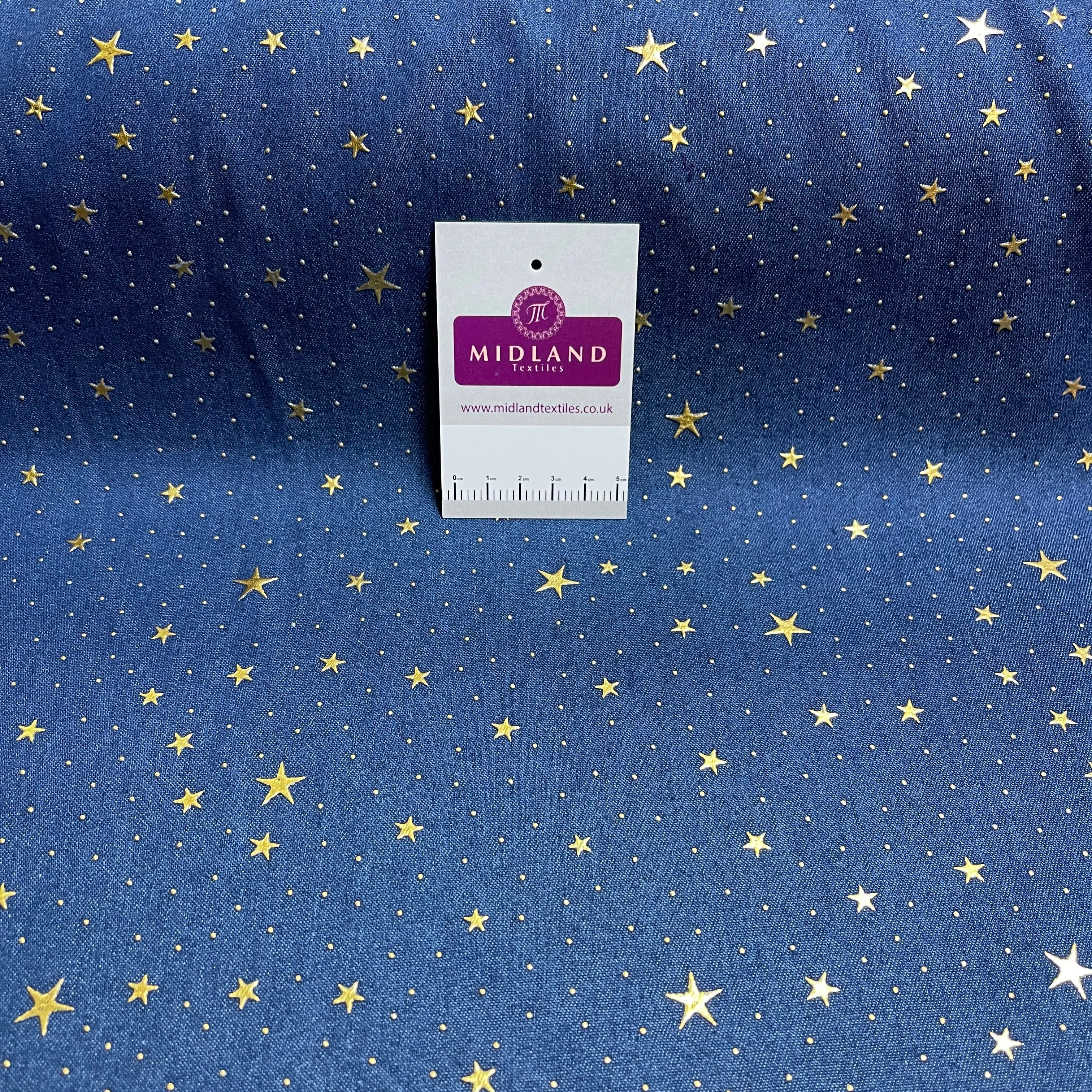 100% Cotton Gold Foil Star Printed Denim craft dress fabric M1513 Mtex