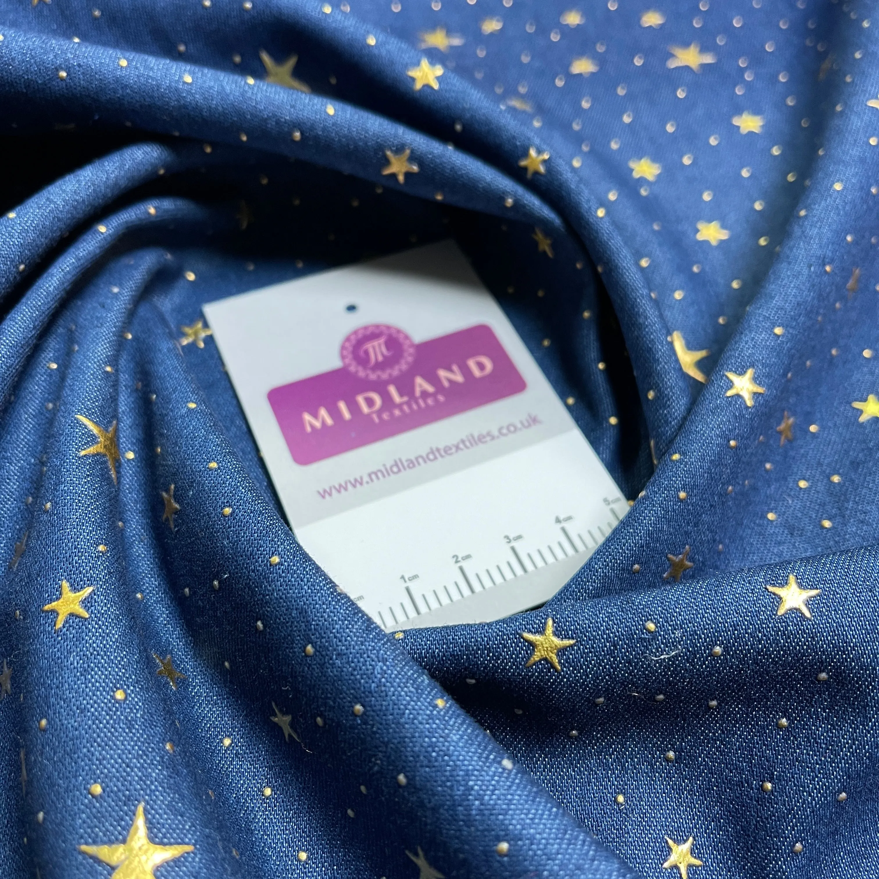 100% Cotton Gold Foil Star Printed Denim craft dress fabric M1513 Mtex