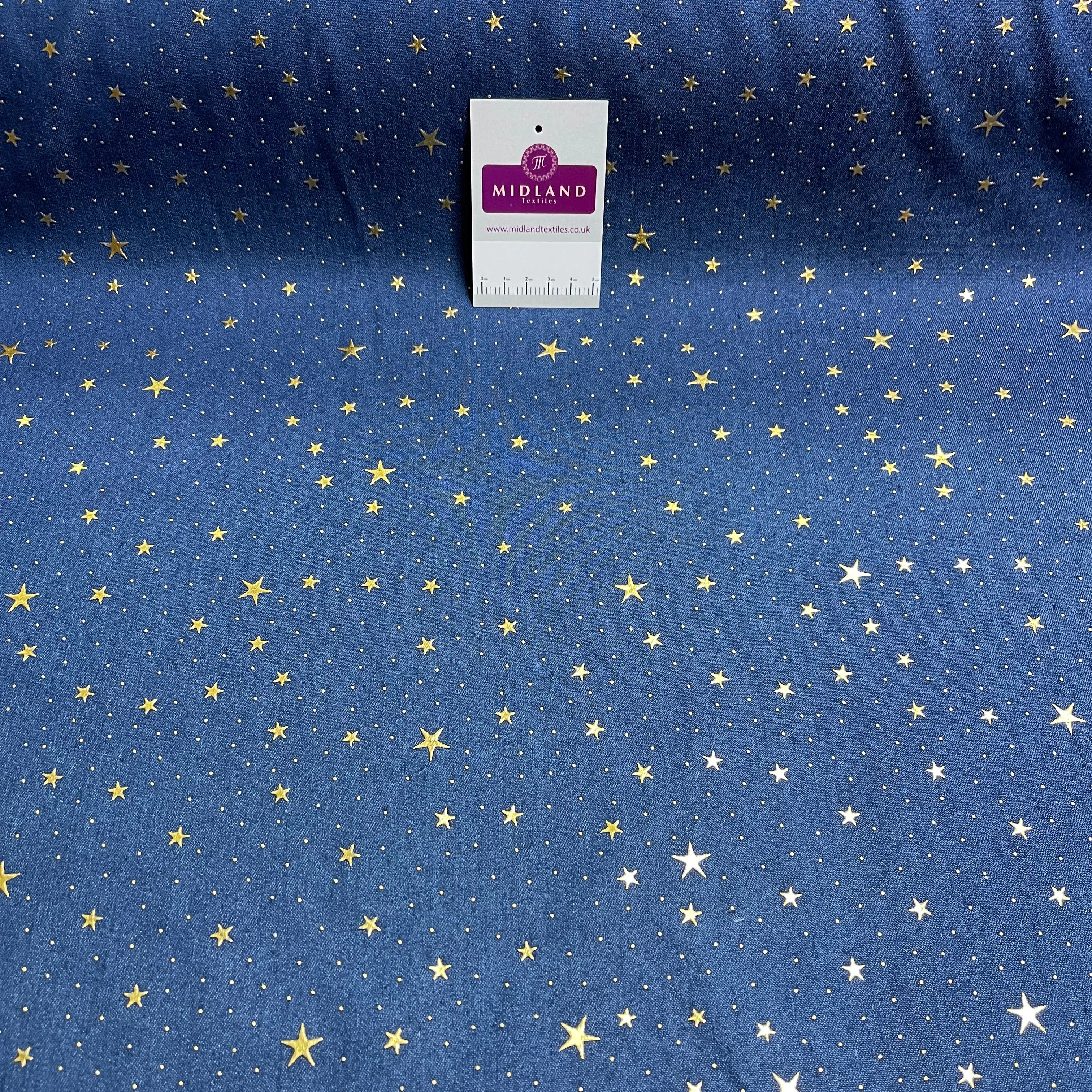 100% Cotton Gold Foil Star Printed Denim craft dress fabric M1513 Mtex