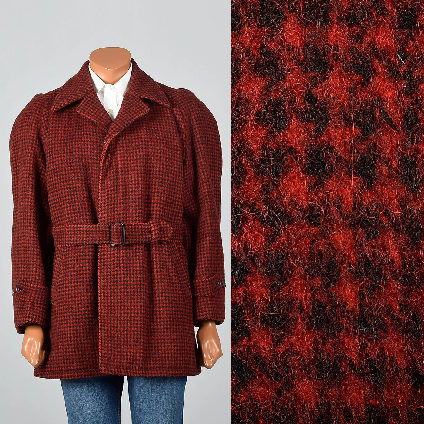 1950s Men's Red Plaid Belted Winter Workwear Coat