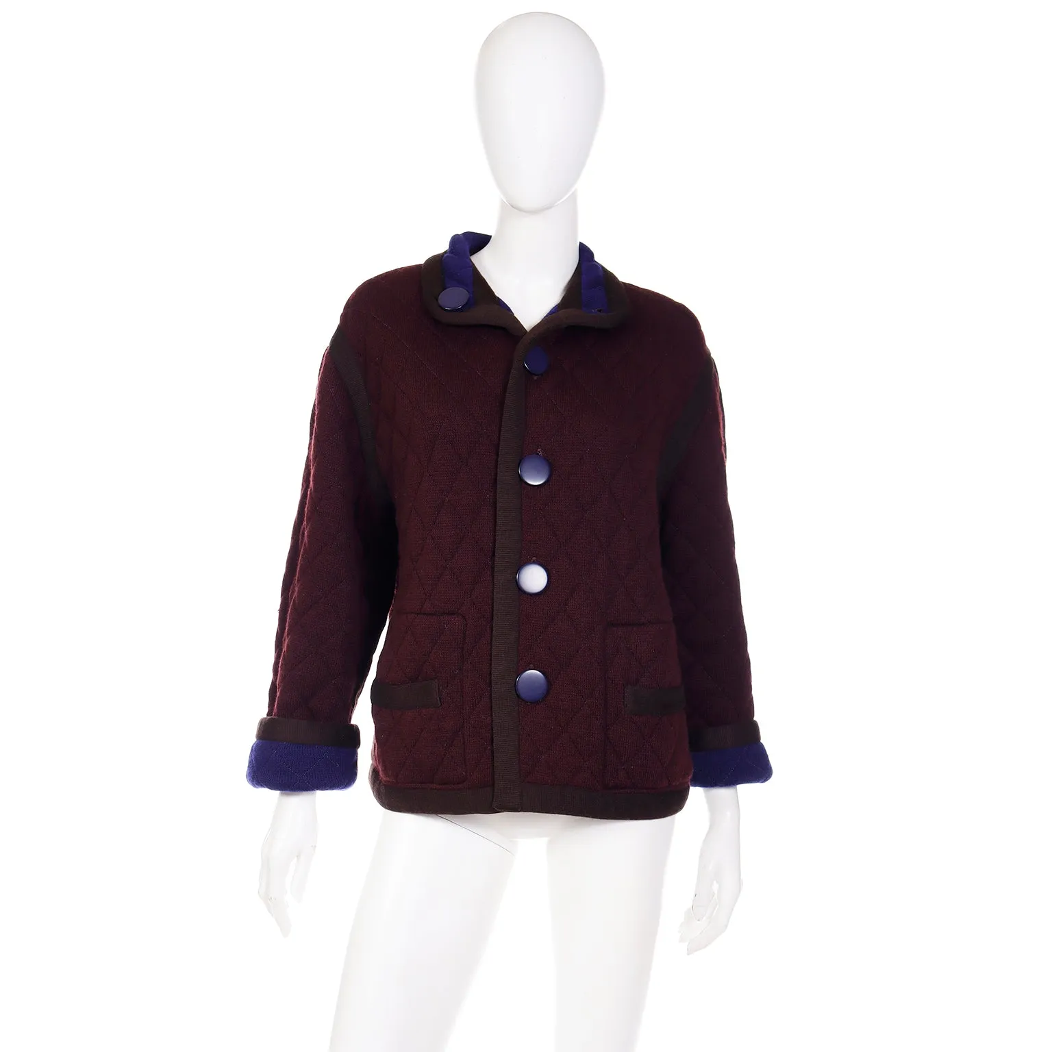 1980s Yves Saint Laurent Reversible Blue & Plum Purple Wool Quilted Jacket