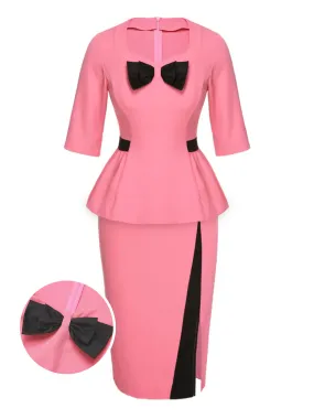 2PCS Pink 1960s Bow Waist Top & Slit Skirt