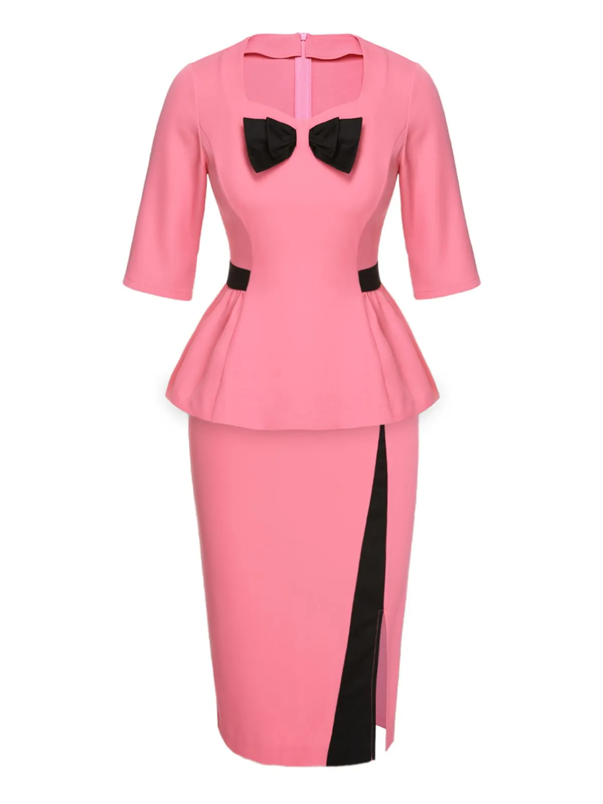 2PCS Pink 1960s Bow Waist Top & Slit Skirt