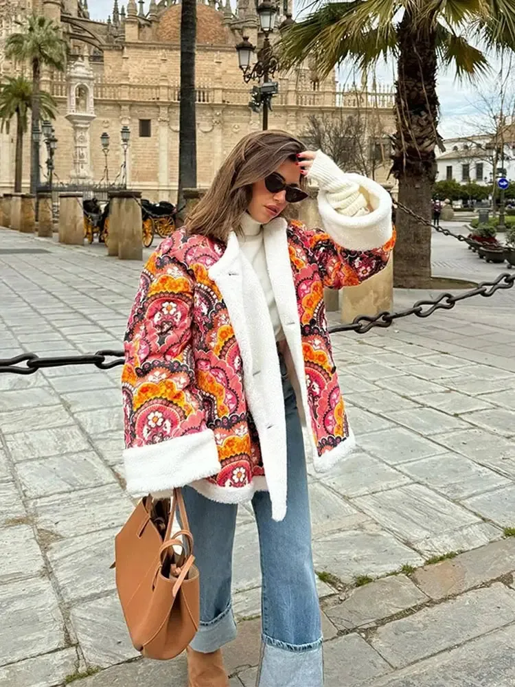 Advbridge Women Floral Print Lamb Wool Patchwork Quilted Coat Female Long Sleeve Single Breasted Outerwear Fashion Loose Lady Warm Jacket