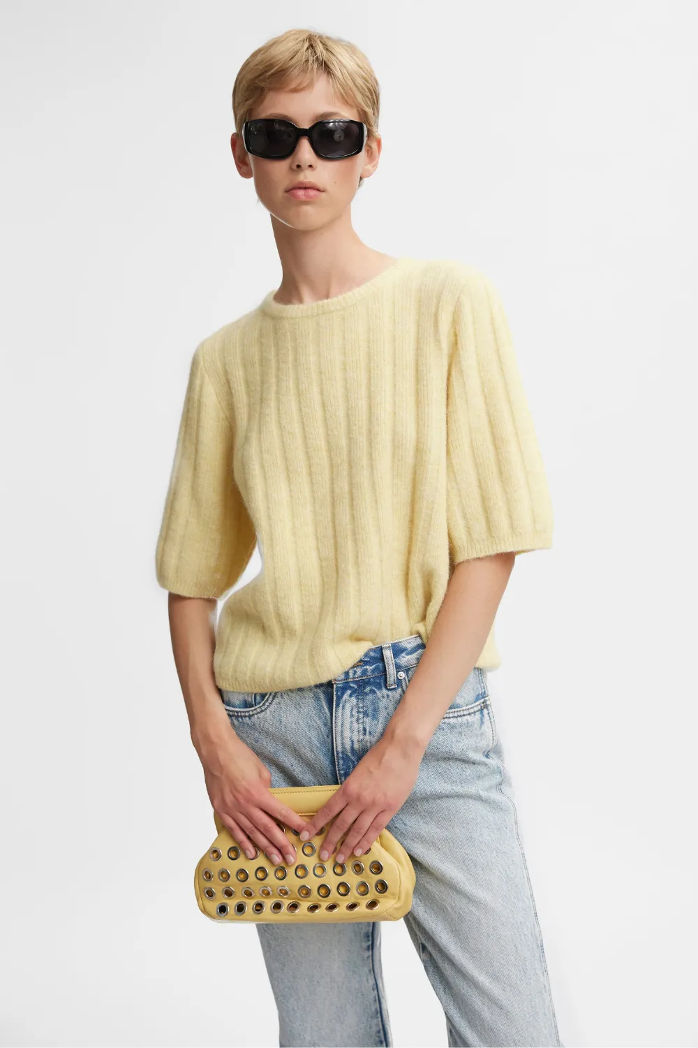 Alpha Short Sleeve Knit Tee in Flaxen Melange