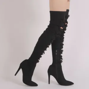 Ari Raw Ripped Denim Over The Knee Boots in Black