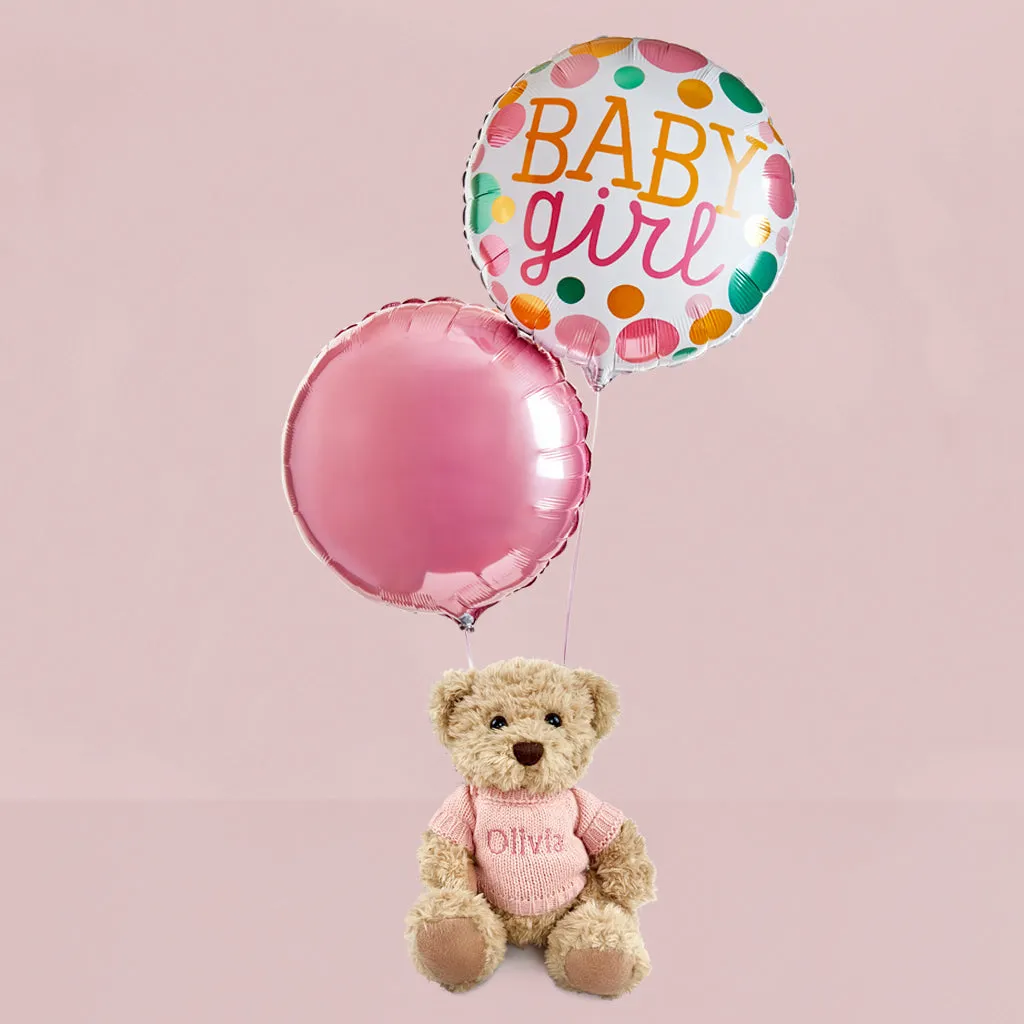 Baby Girl Balloons with Personalised Bertie Gift