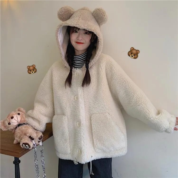 Bear Ears Hooded Lamb Wool Coat