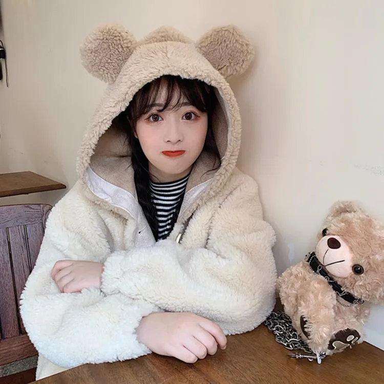 Bear Ears Hooded Lamb Wool Coat