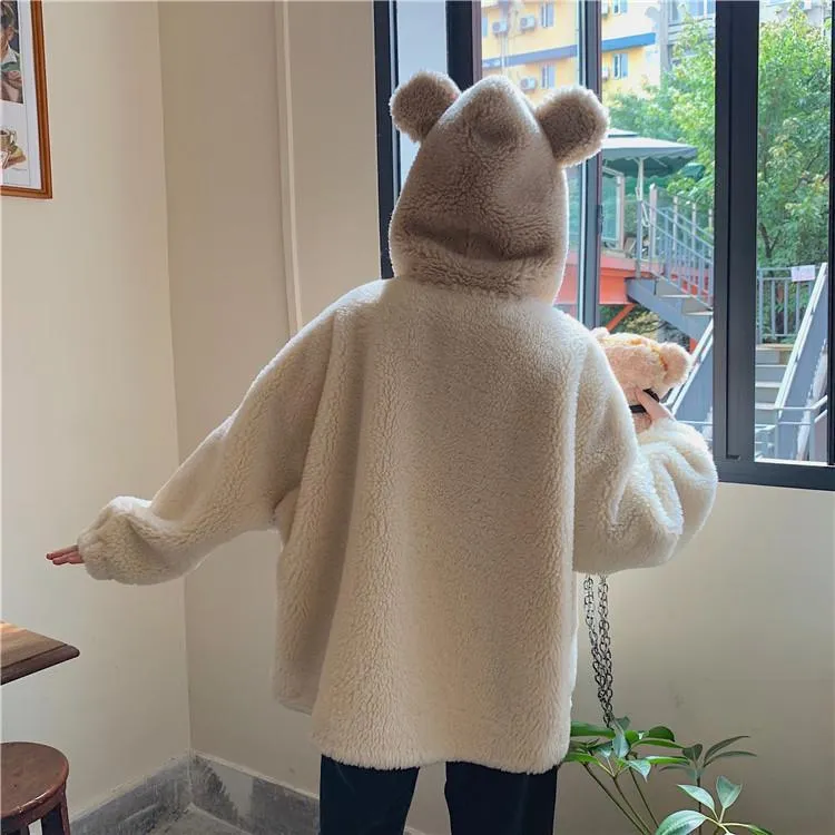 Bear Ears Hooded Lamb Wool Coat