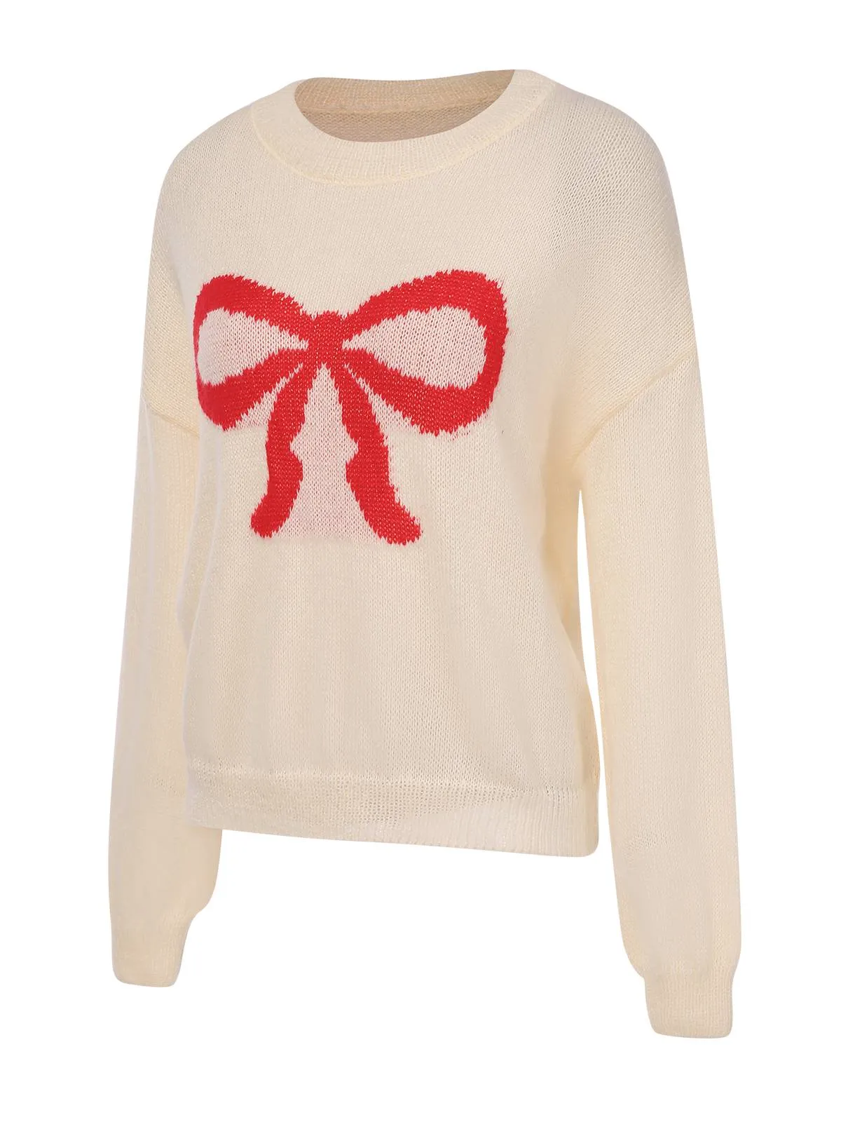 Beige 1970s Christmas Bow Pattern Sweater