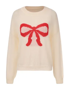 Beige 1970s Christmas Bow Pattern Sweater