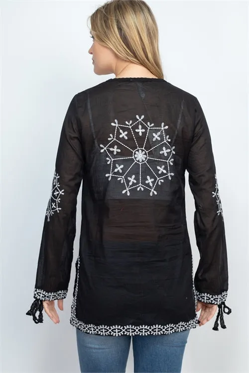 Black Embroidered Boho Tunic Top