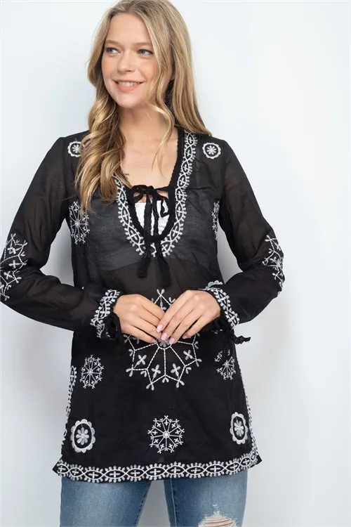 Black Embroidered Boho Tunic Top