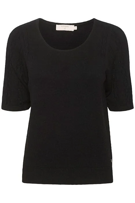 BLACK ROUND NECK SHORT SLEEVE KNIT TOP