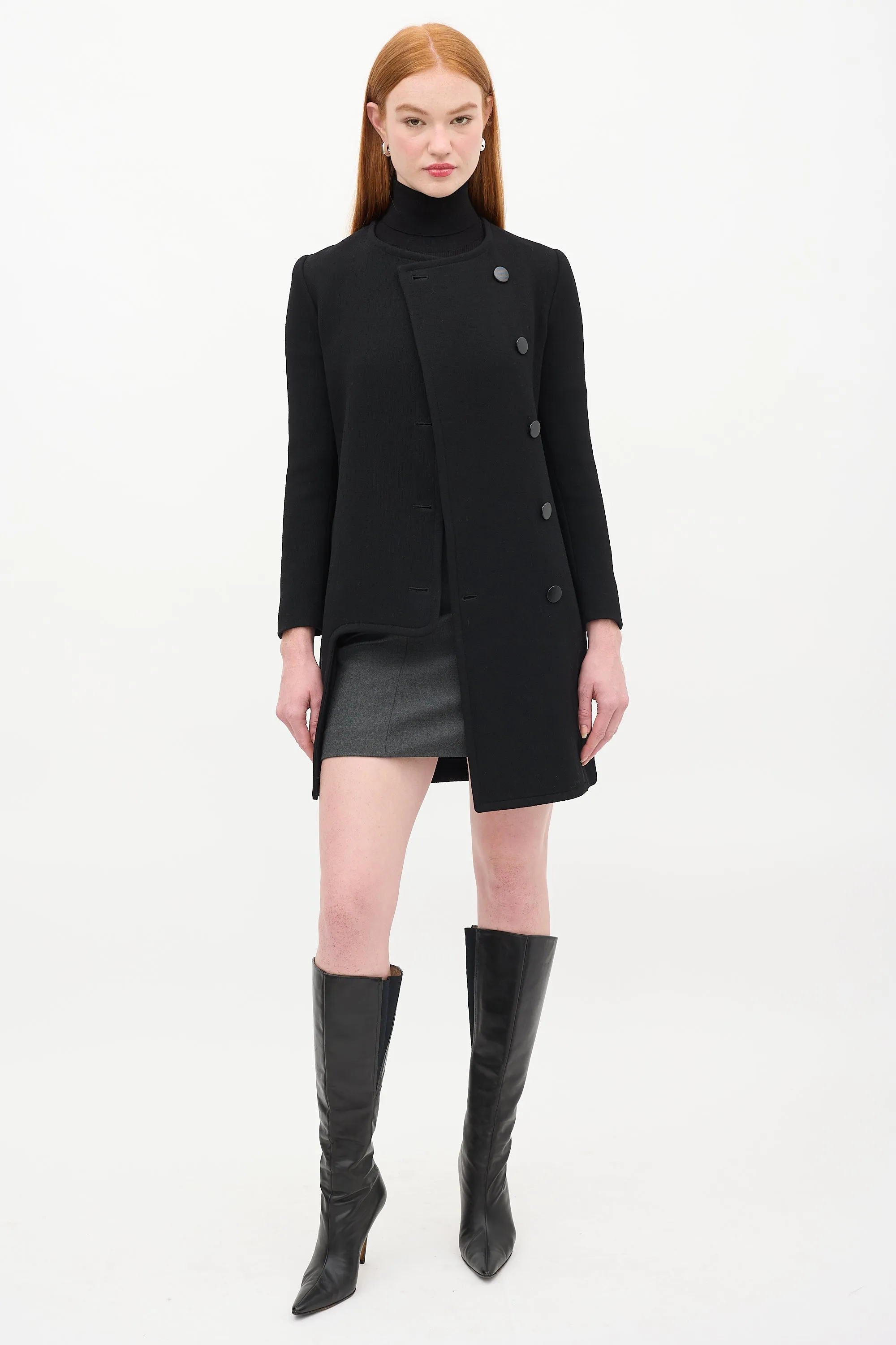 Black Wool Asymmetric Button Up Mid Length Coat