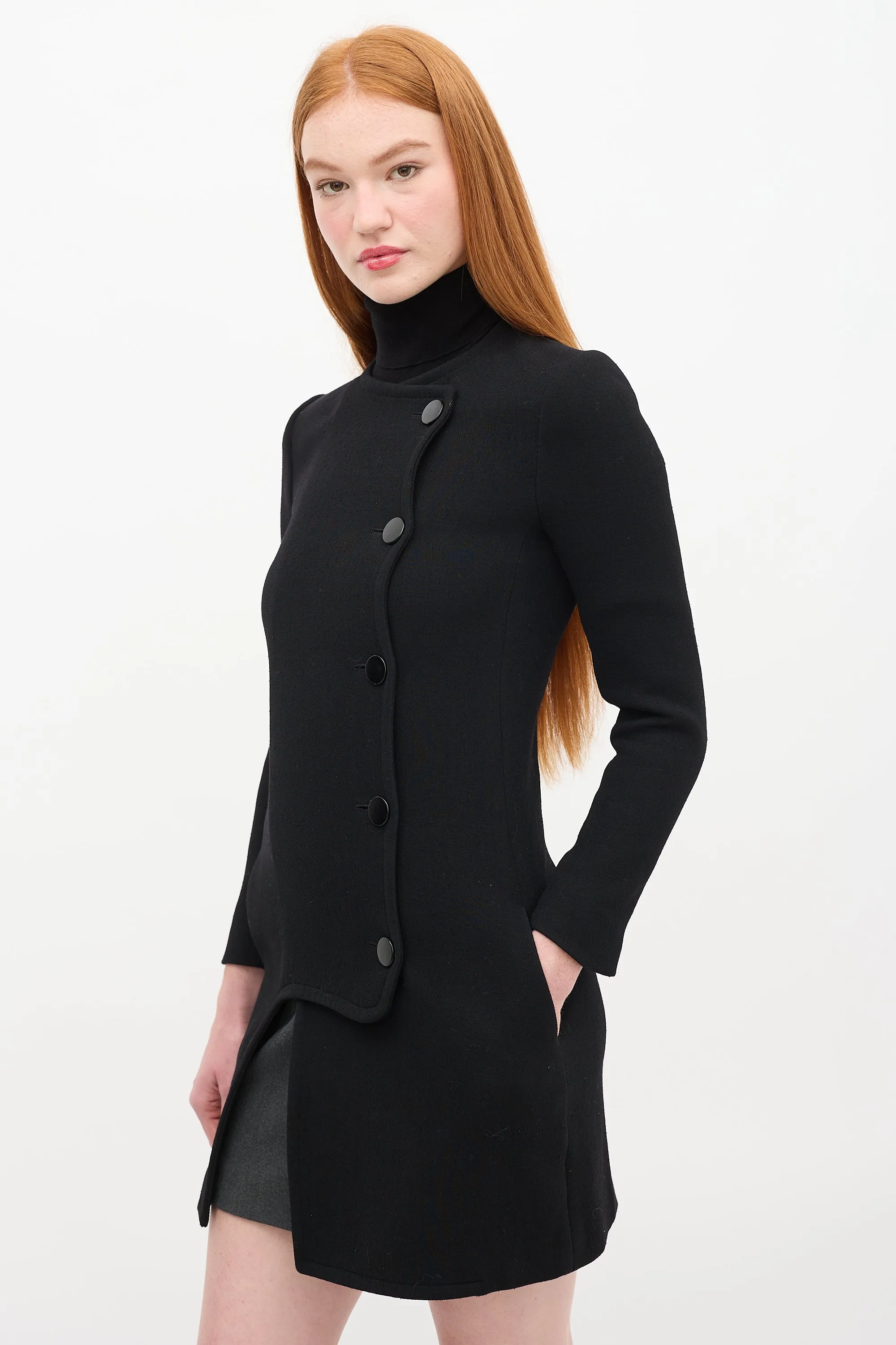 Black Wool Asymmetric Button Up Mid Length Coat