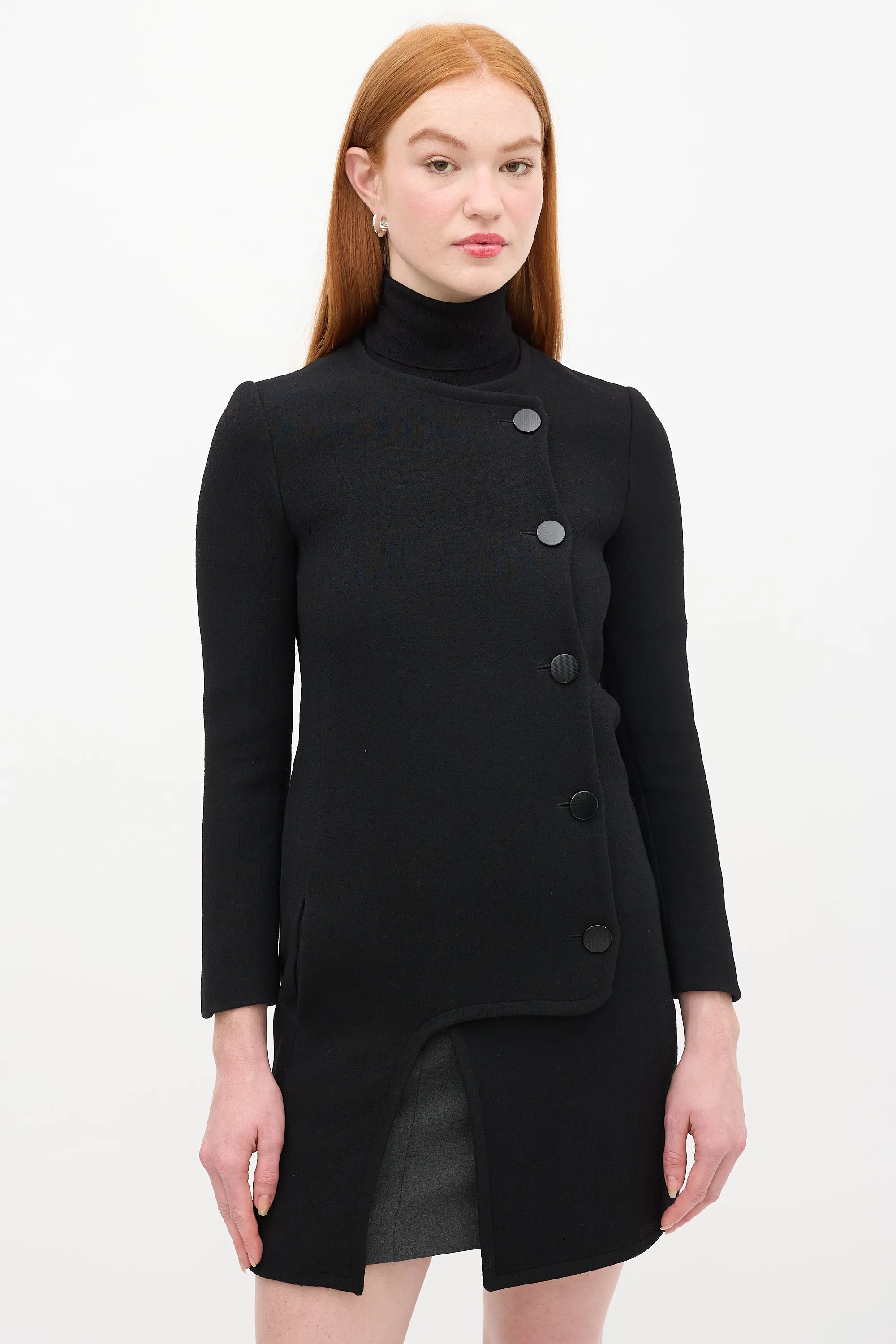 Black Wool Asymmetric Button Up Mid Length Coat