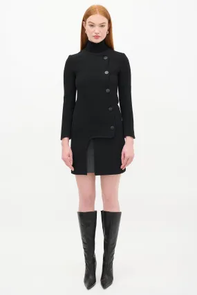 Black Wool Asymmetric Button Up Mid Length Coat