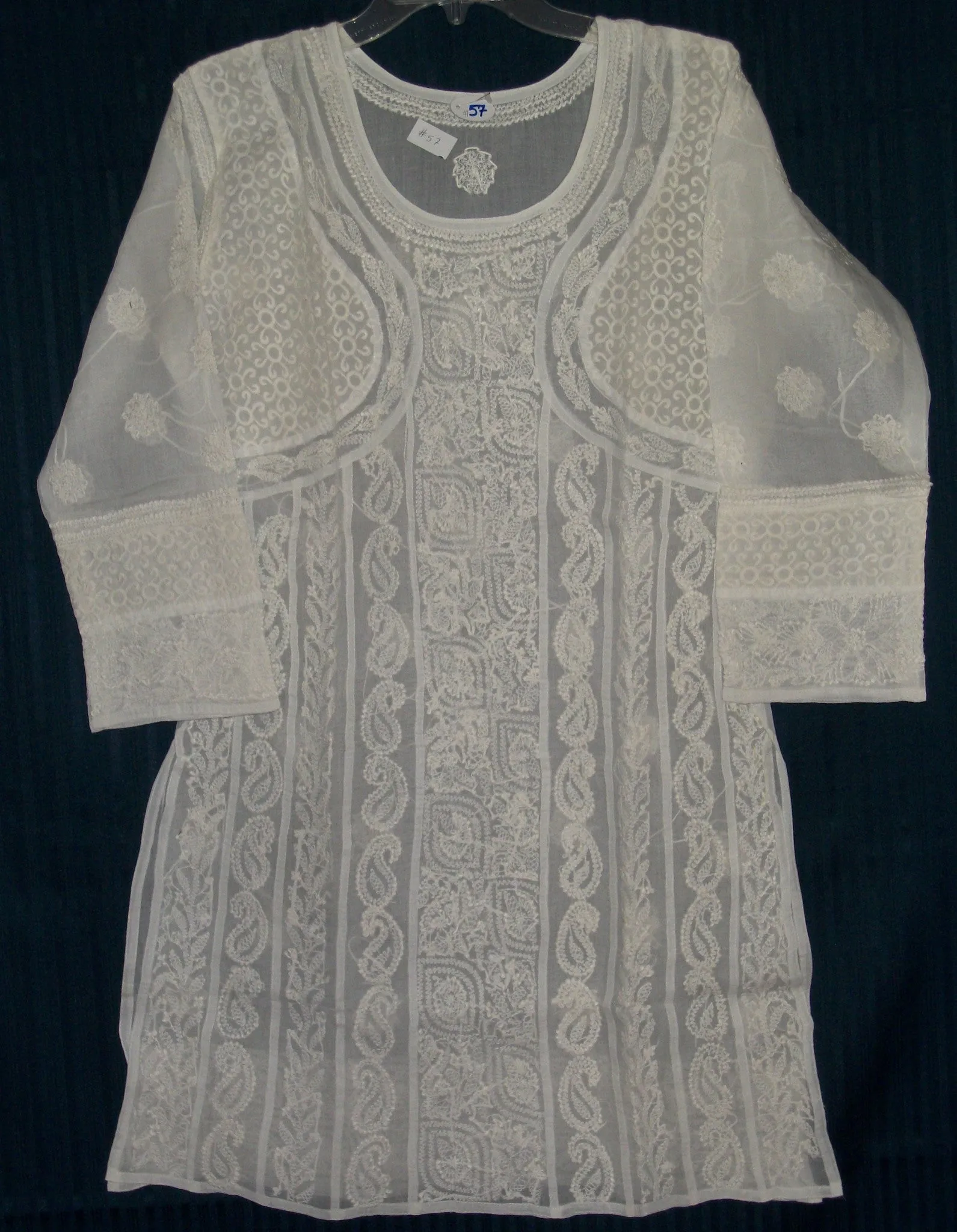 Blouse 057 White Cotton Hand Embroidered Tunic Kurti Medium Size