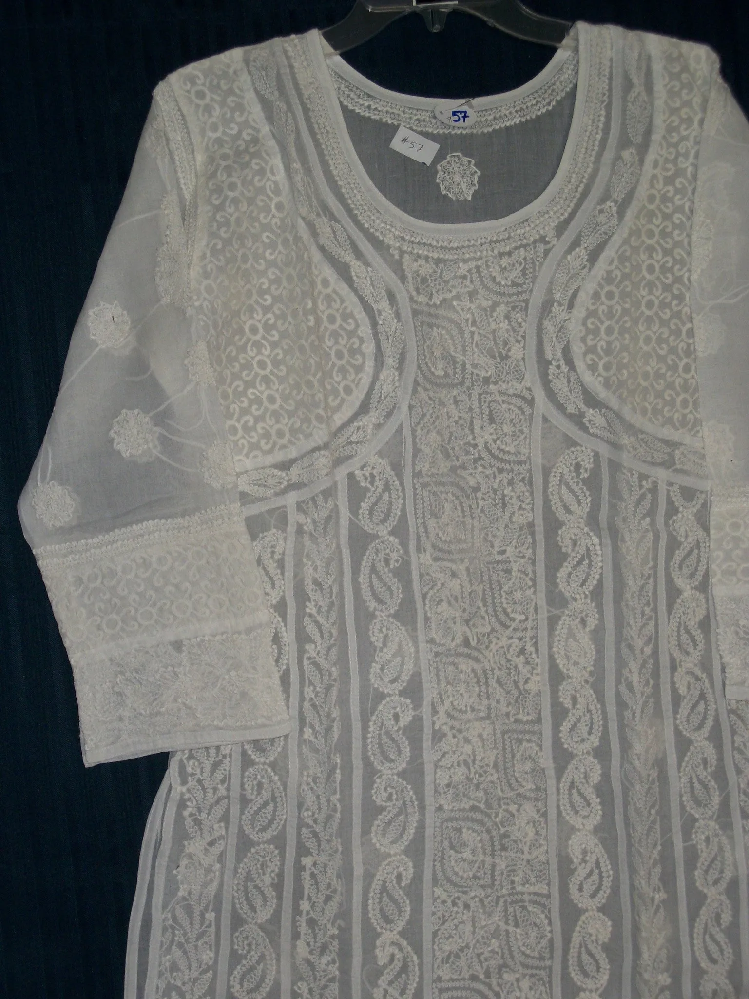 Blouse 057 White Cotton Hand Embroidered Tunic Kurti Medium Size