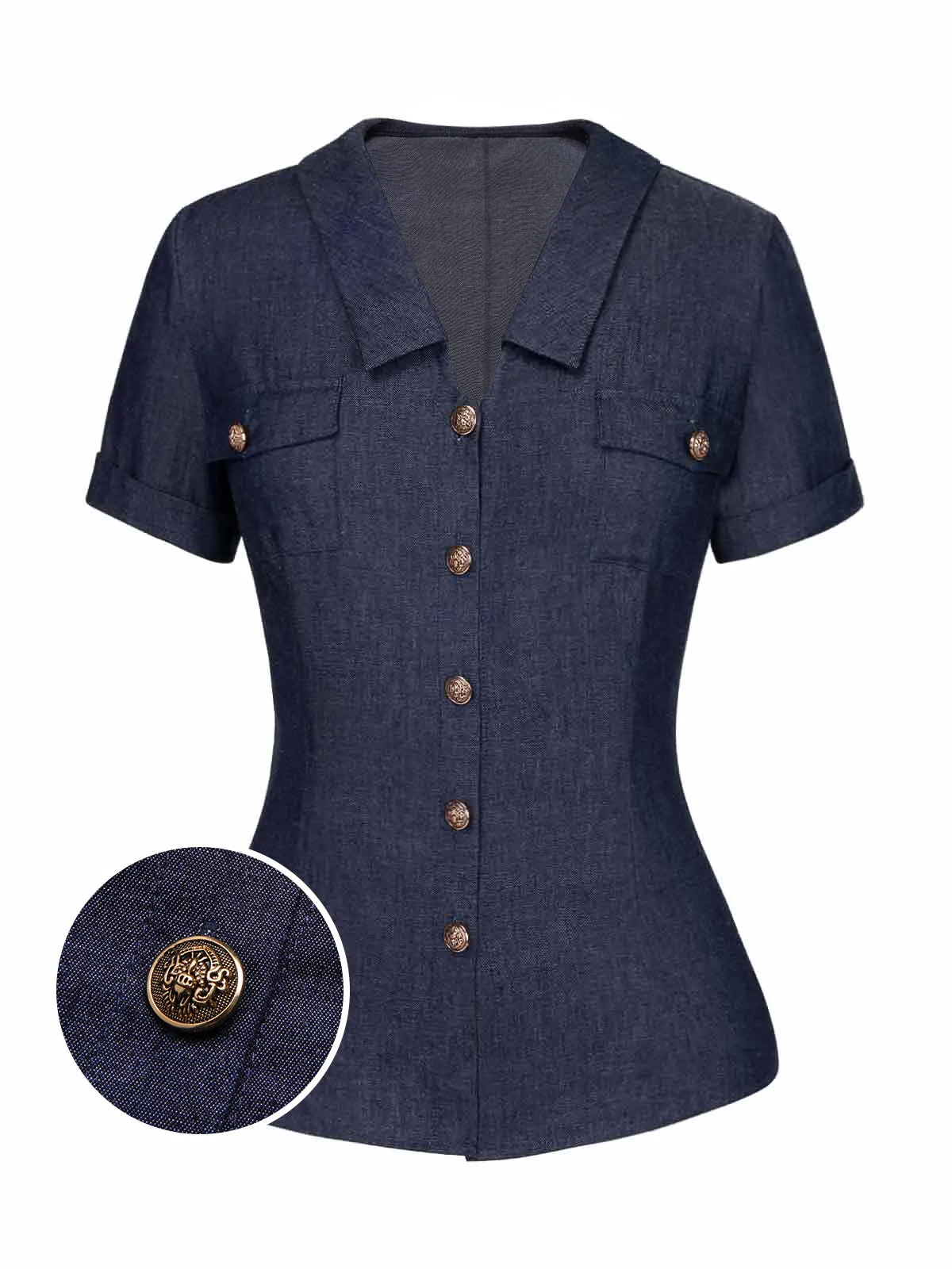 Blue 1940s Solid Button Lapel Blouse