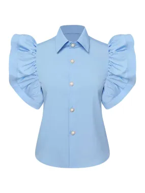 Blue 1950s Lapel Ruffles Sleeve Solid Blouse