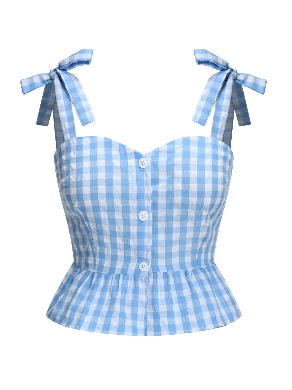 Blue 1960s Straps Plaid Ruffled Hem Tops