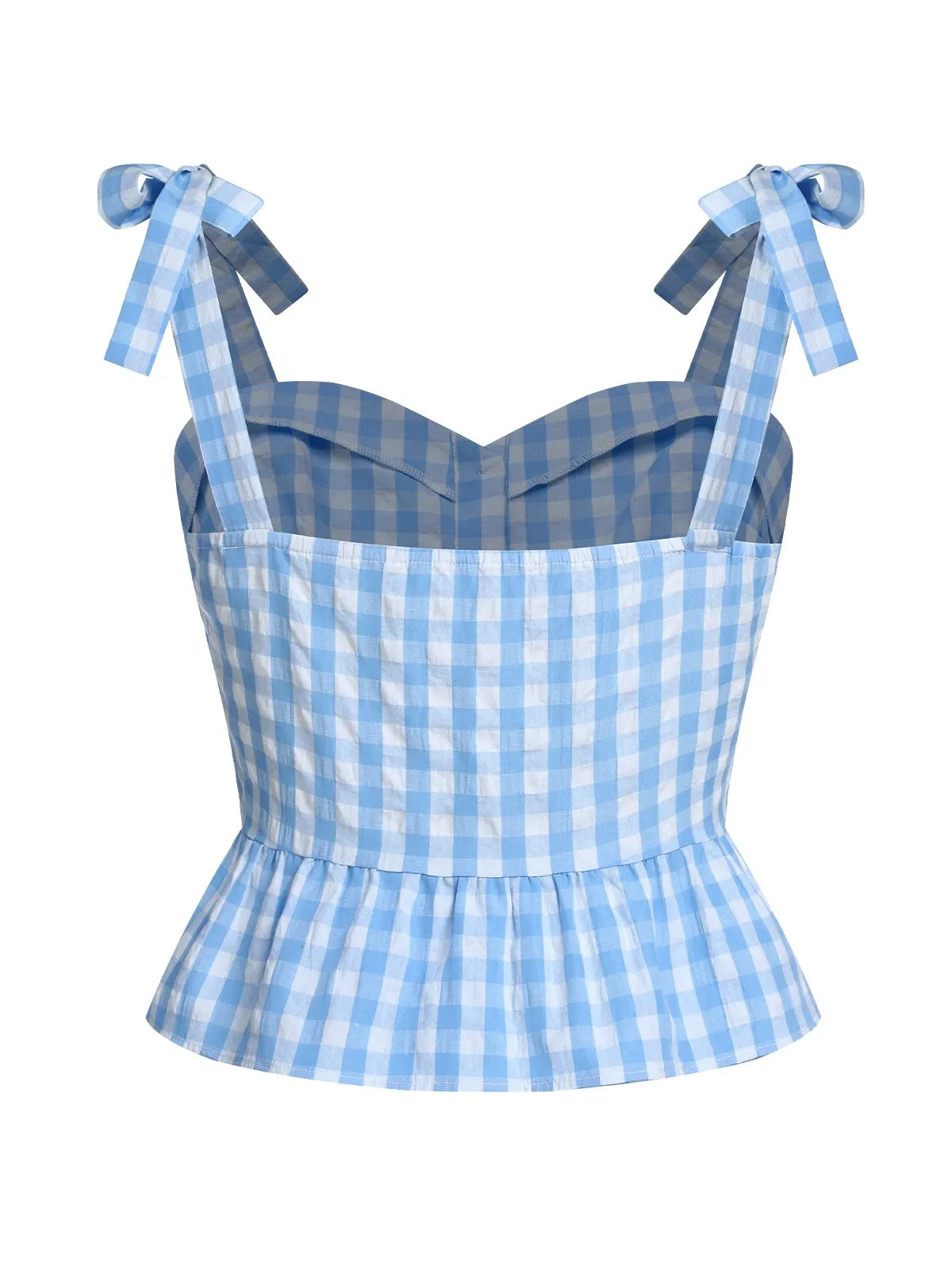 Blue 1960s Straps Plaid Ruffled Hem Tops