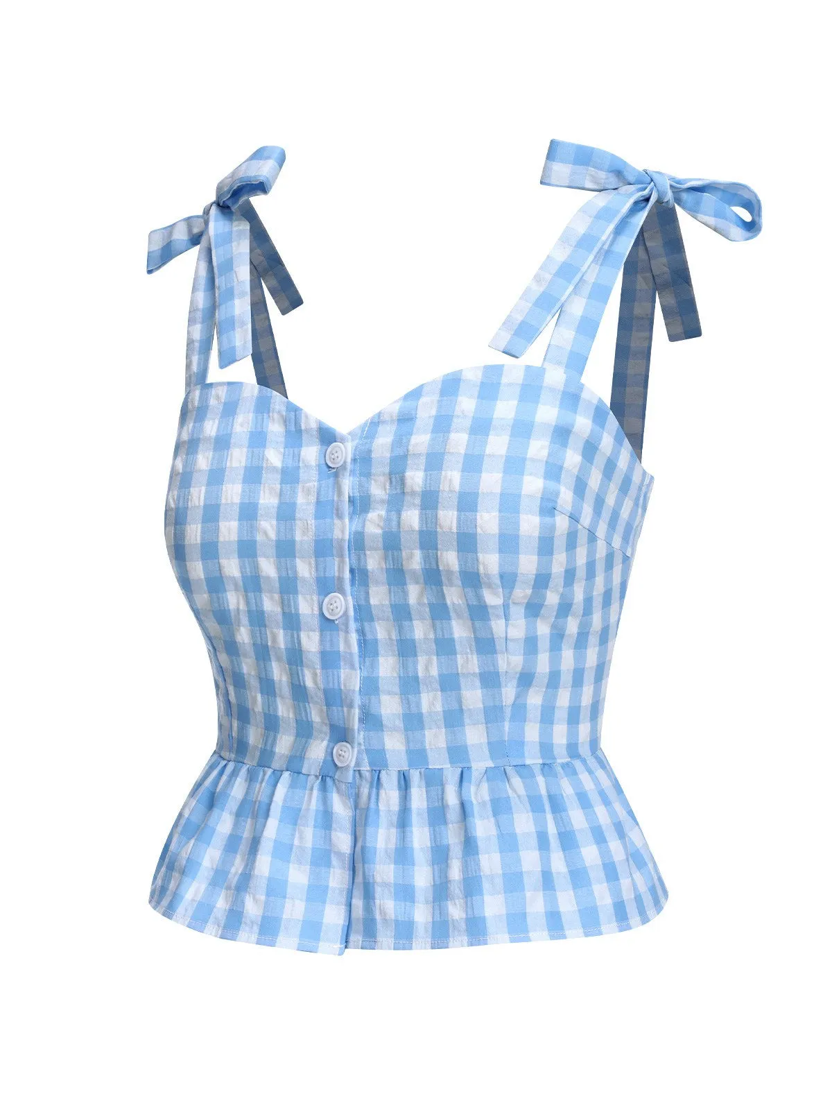 Blue 1960s Straps Plaid Ruffled Hem Tops