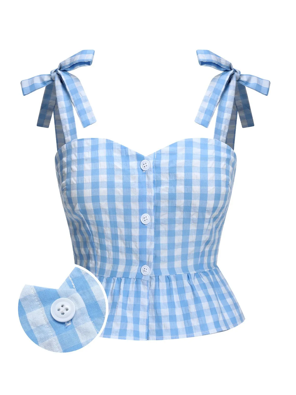 Blue 1960s Straps Plaid Ruffled Hem Tops