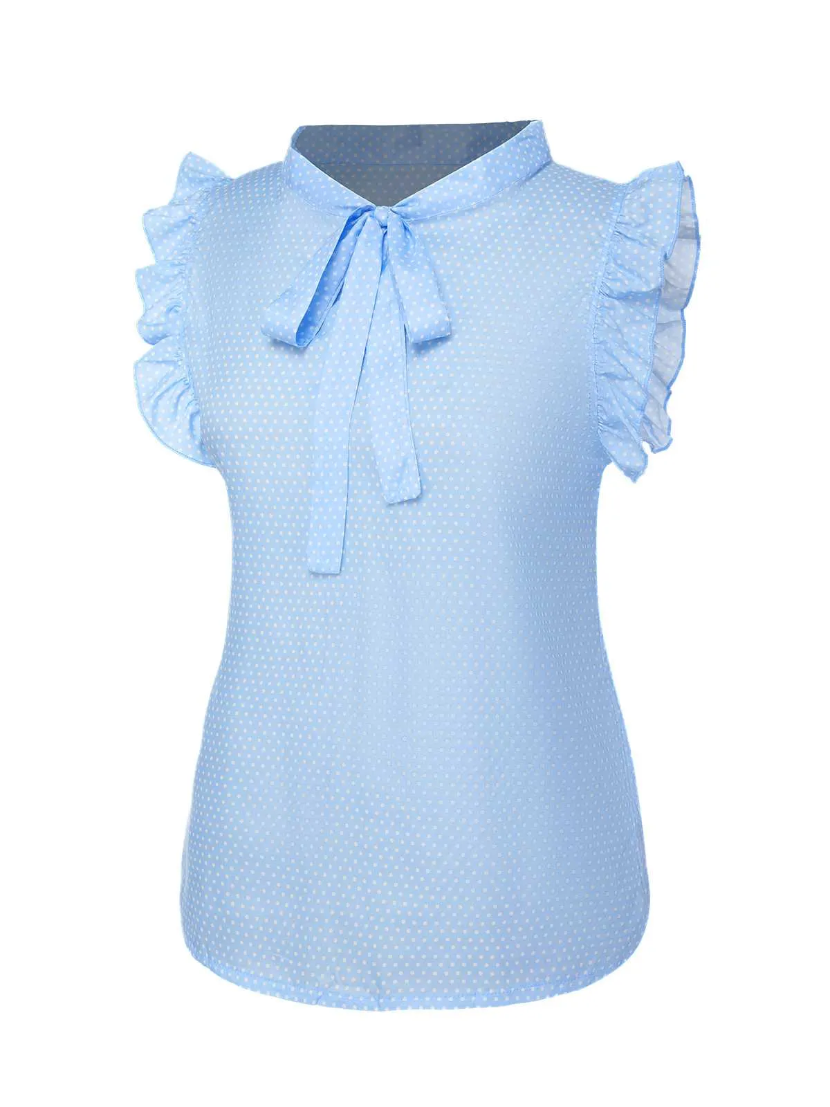 Blue 1960s Tie Neck Polka Dots Ruffles Blouse