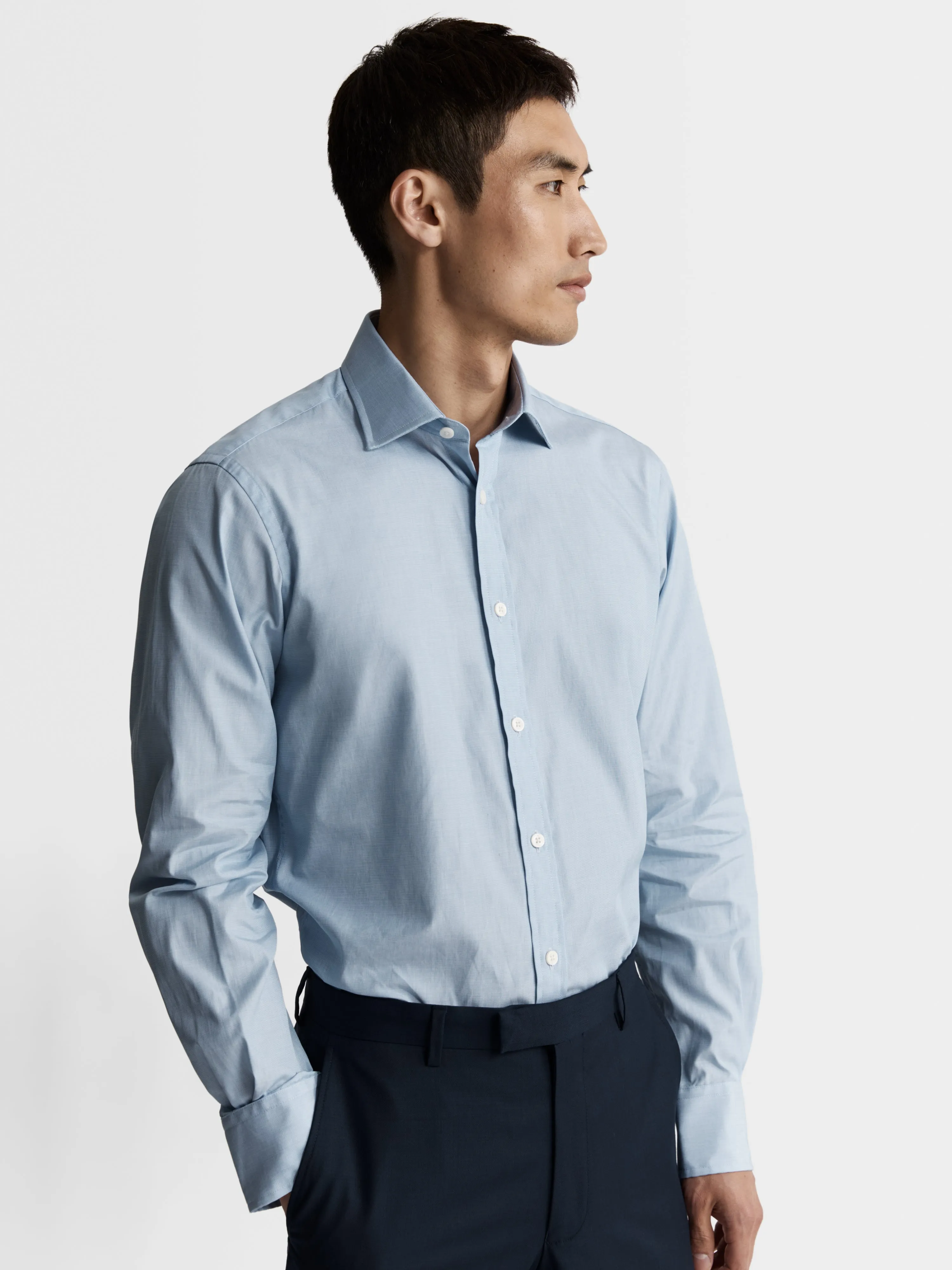 Blue End-on-End Slim Fit Single Cuff Classic Collar Shirt