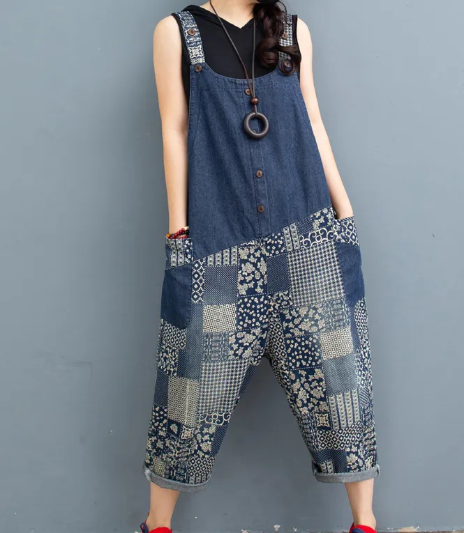 Blue Floral Denim Loose Casual Summer Overall Loose Women Jumpsuits QYCQ05165