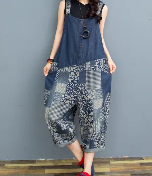 Blue Floral Denim Loose Casual Summer Overall Loose Women Jumpsuits QYCQ05165