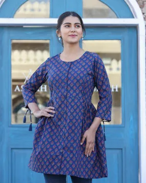 Blue Printed Shirt Style Cotton Tunic