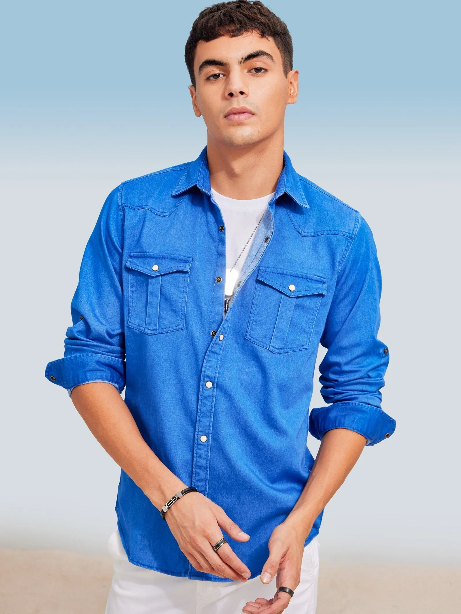 Blue Twill Stretch Denim Shirt