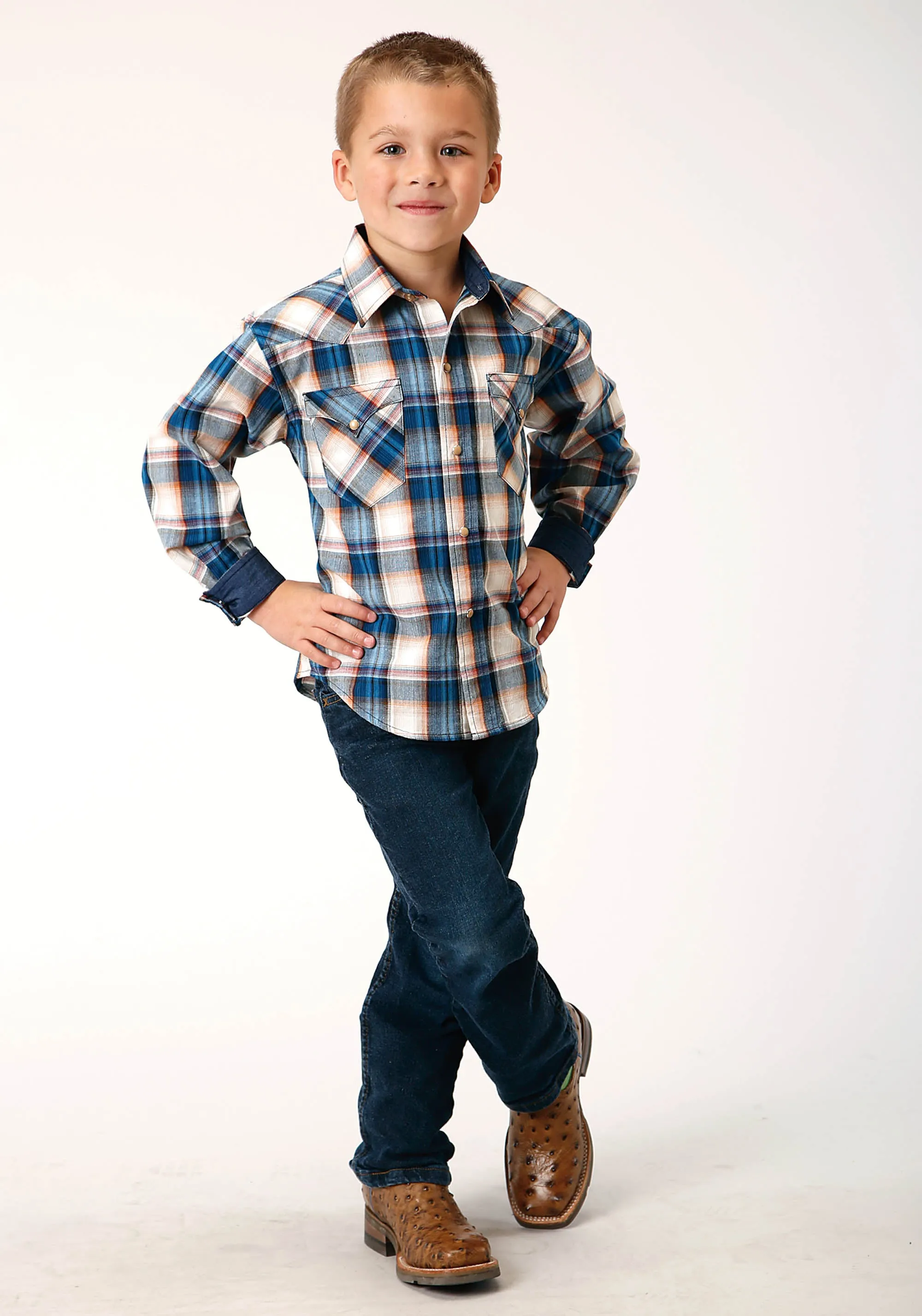 BOYS LONG SLEEVE SNAP DENIM PLAID WESTERN SHIRT