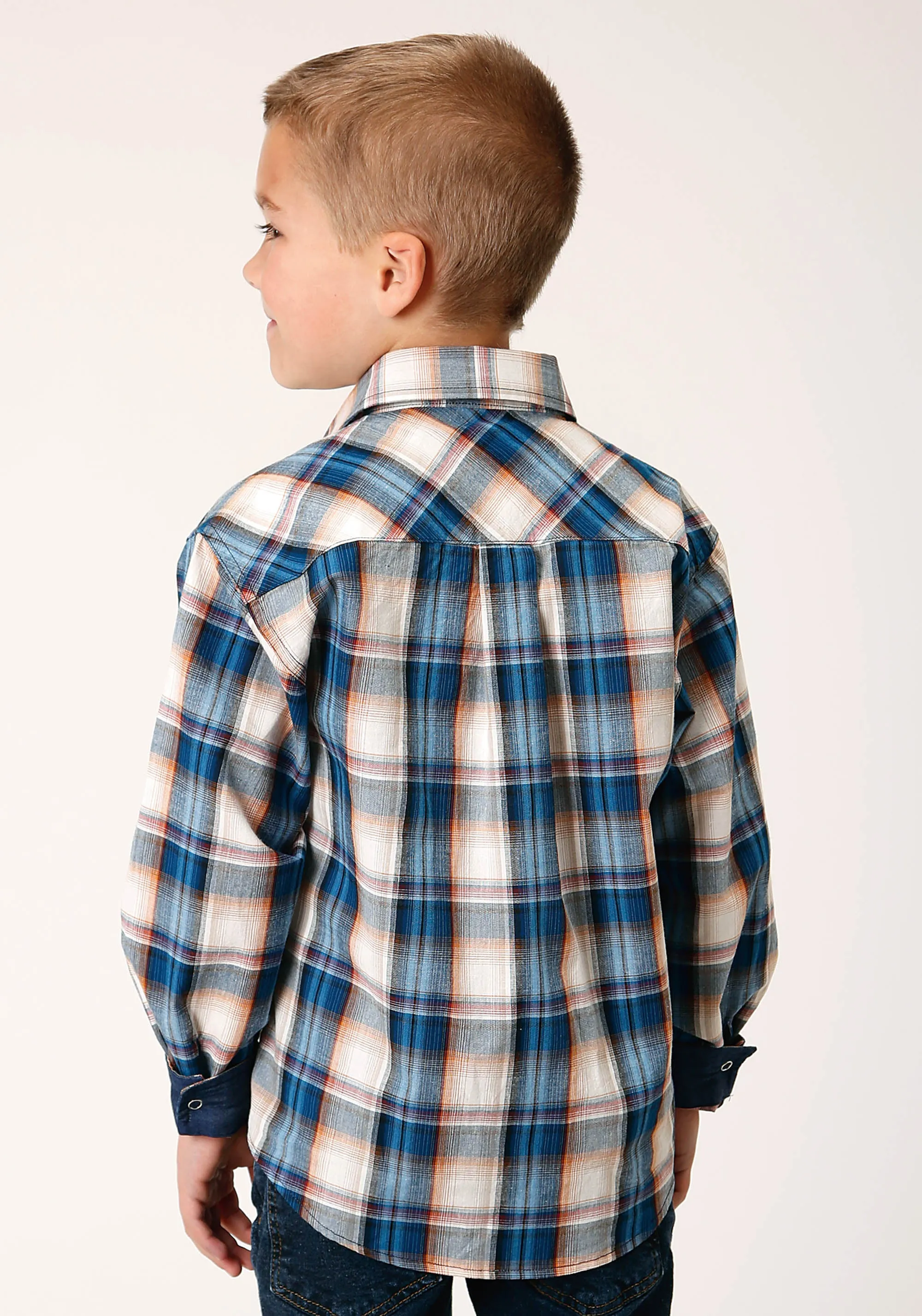 BOYS LONG SLEEVE SNAP DENIM PLAID WESTERN SHIRT