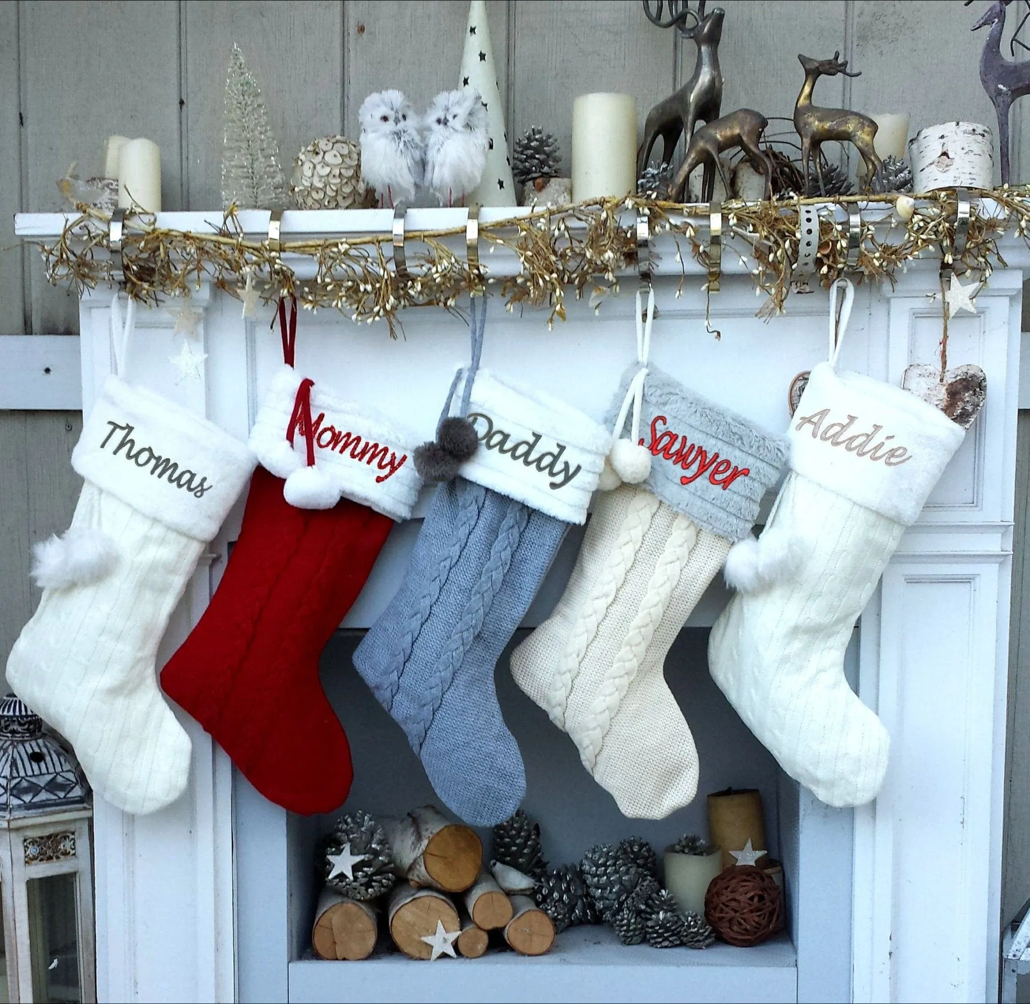 Cable Knit Personalized Christmas Stockings - Plush Top & Pom Poms Name Embroidered - Red White Grey Bone Xmas Decor Family 2019