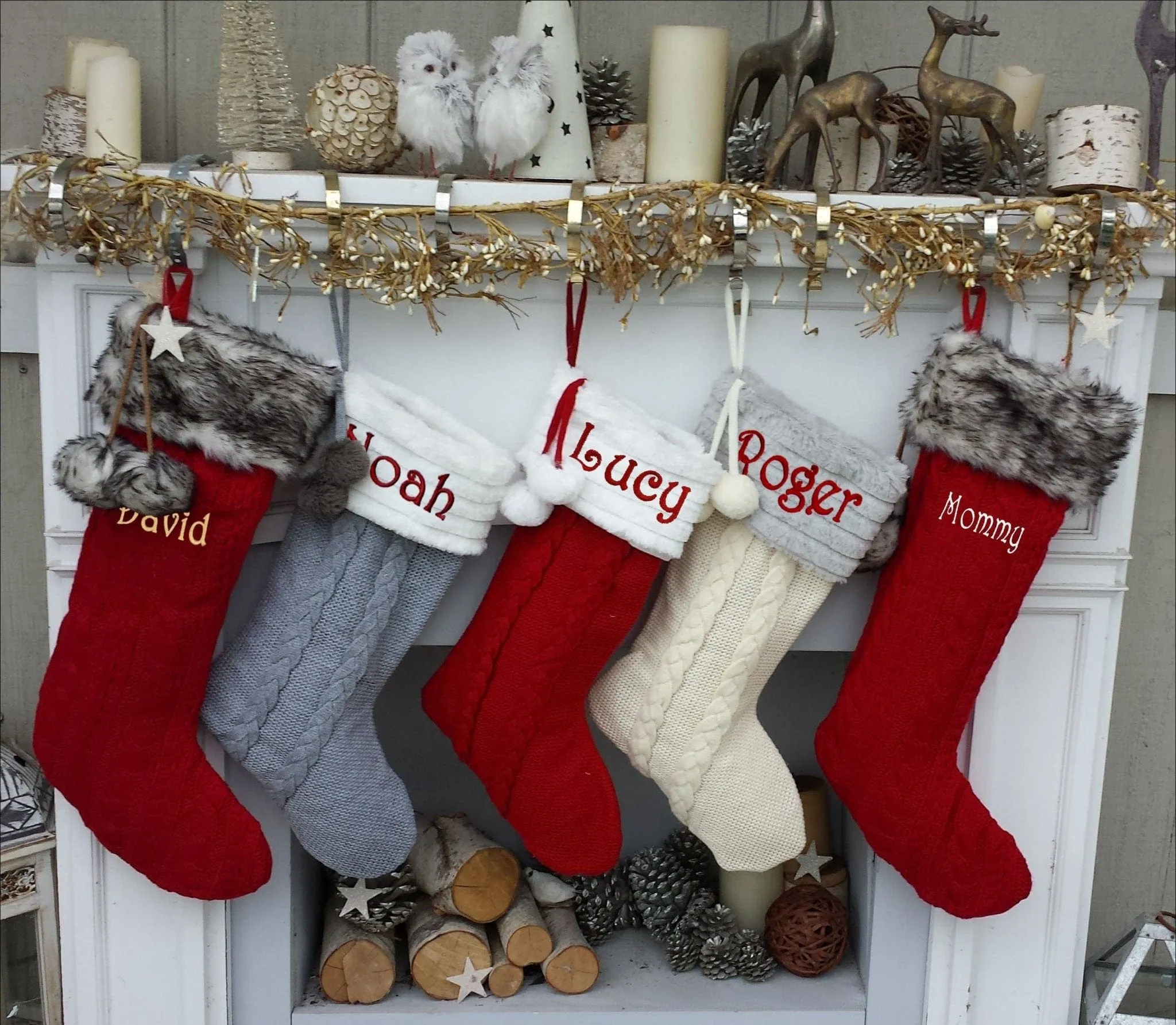 Cable Knit Personalized Christmas Stockings - Plush Top & Pom Poms Name Embroidered - Red White Grey Bone Xmas Decor Family 2019