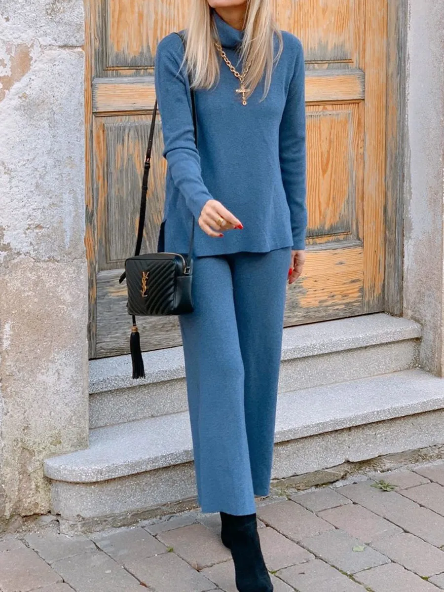 Casual Loose Solid Color Turtleneck Two-piece Suit