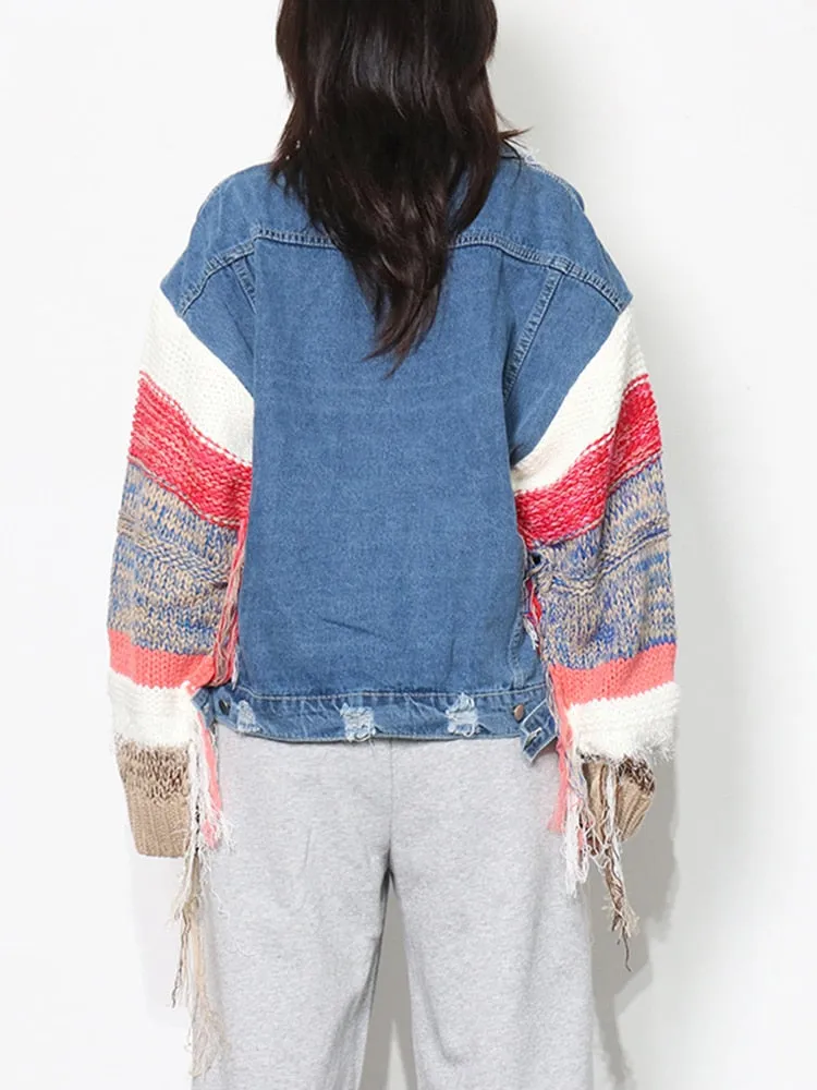 Casual Patchwork Knitted Tassel Denim Jacket For Women Lapel Long Sleeve Color Block Jackets Female Fashion