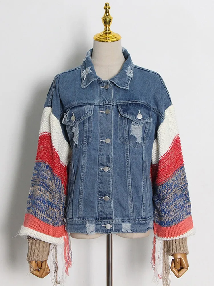 Casual Patchwork Knitted Tassel Denim Jacket For Women Lapel Long Sleeve Color Block Jackets Female Fashion