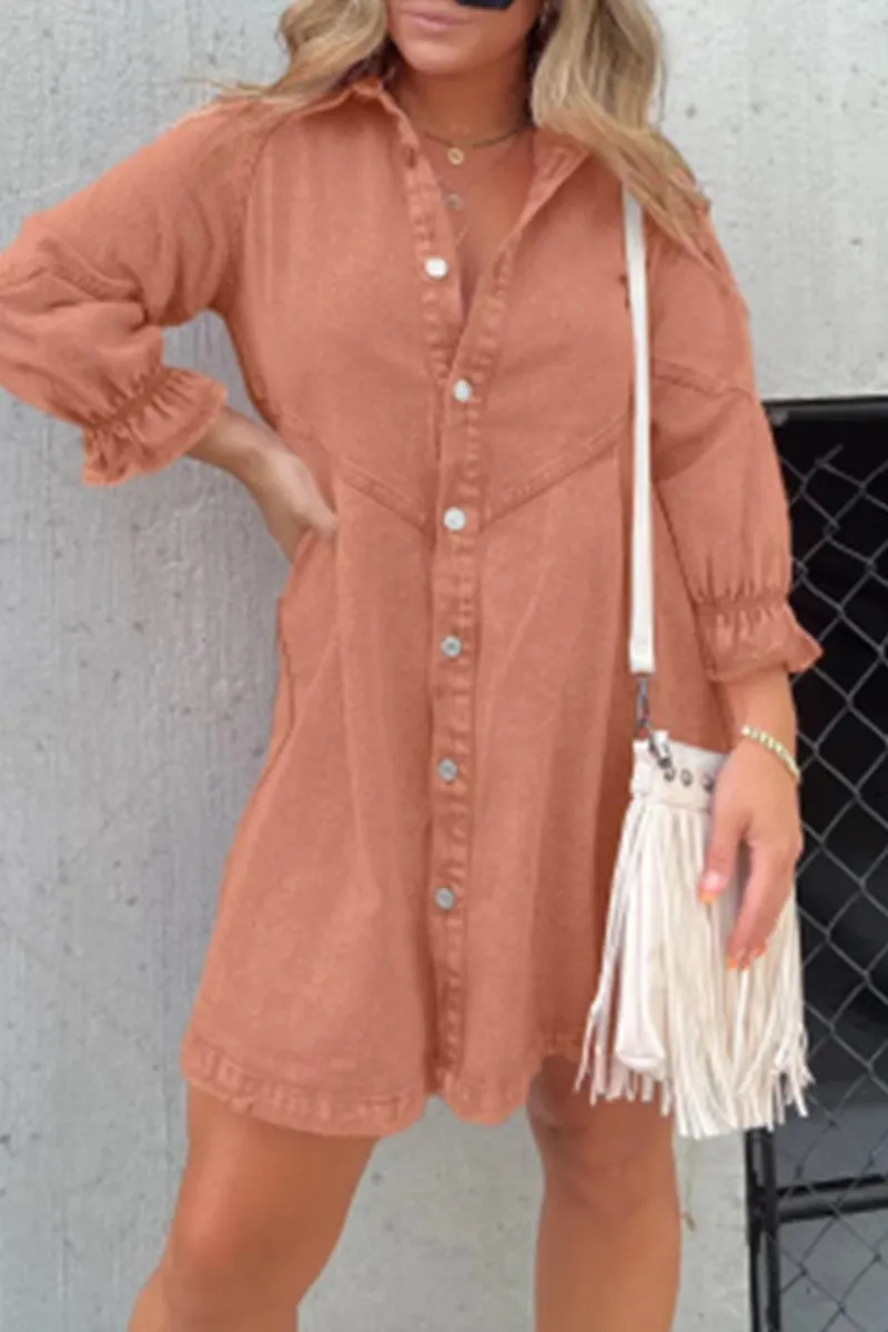 Casual Solid Make Old Buttons Turndown Collar Shirt Dress Dresses