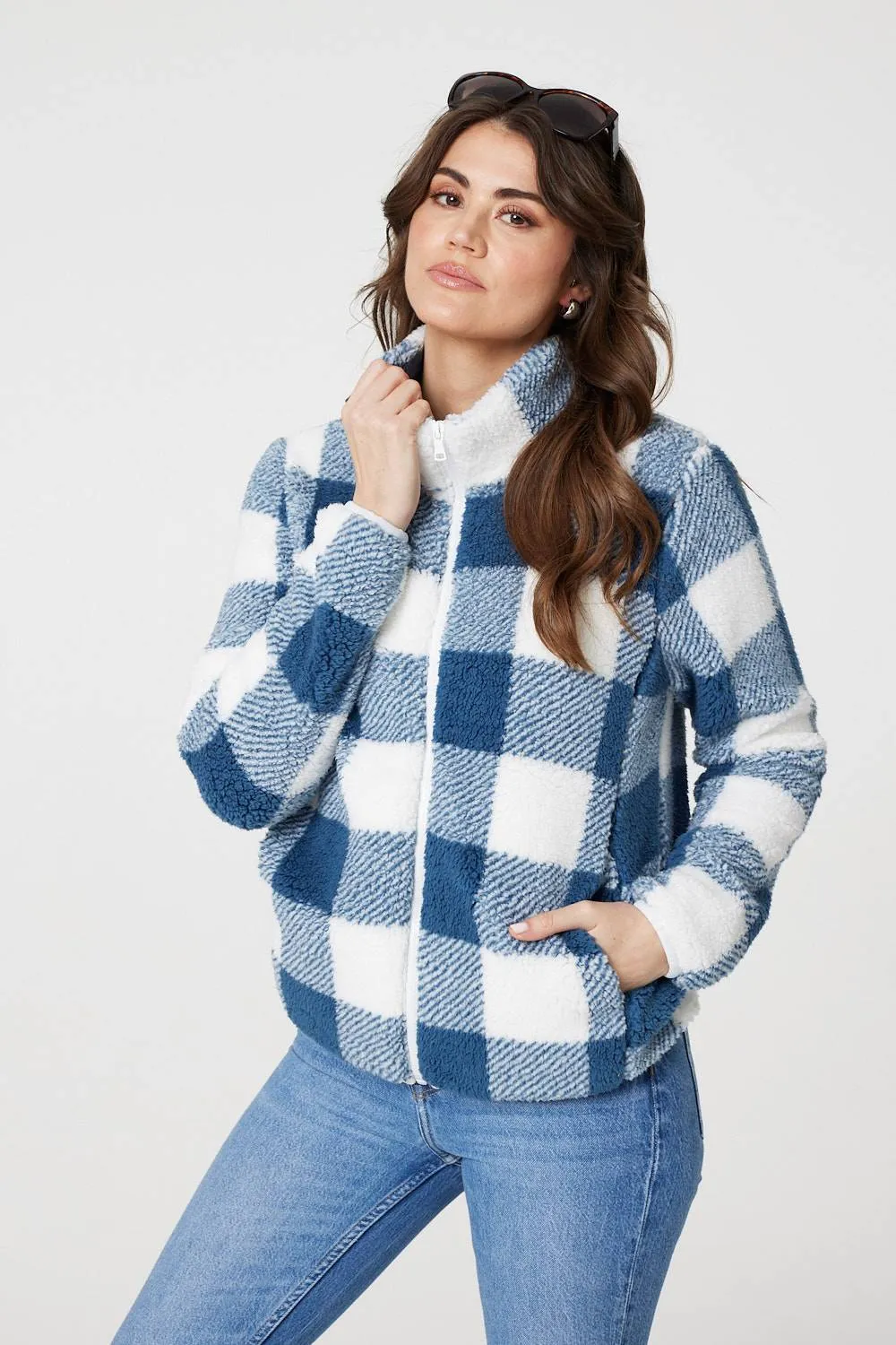 Checked Print Teddy Fleece Zip-Up Jacket