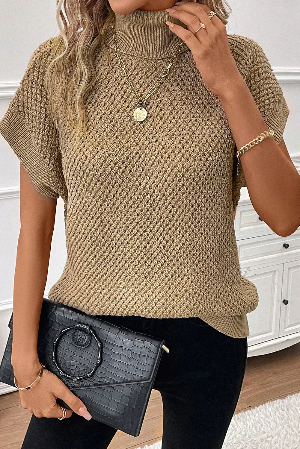 cheryl turtleneck short sleeve sweater - black, grey, khaki