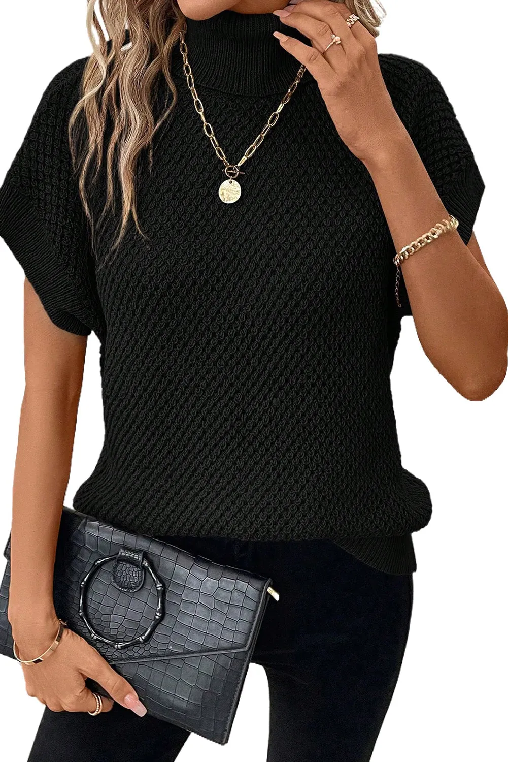 cheryl turtleneck short sleeve sweater - black, grey, khaki