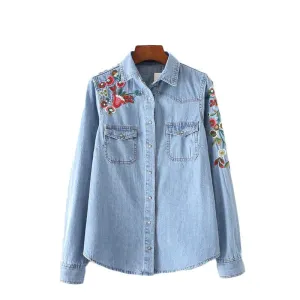 Classic 60's Flower Embroidery Denim Shirt