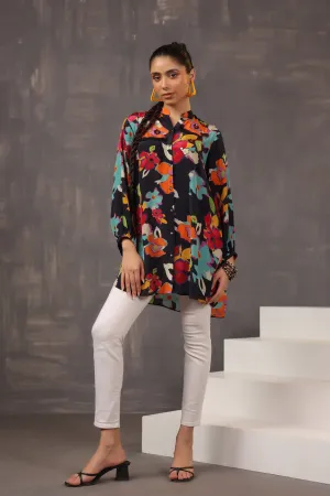 Classic Black Floral Printed Crepe Silk Shirt